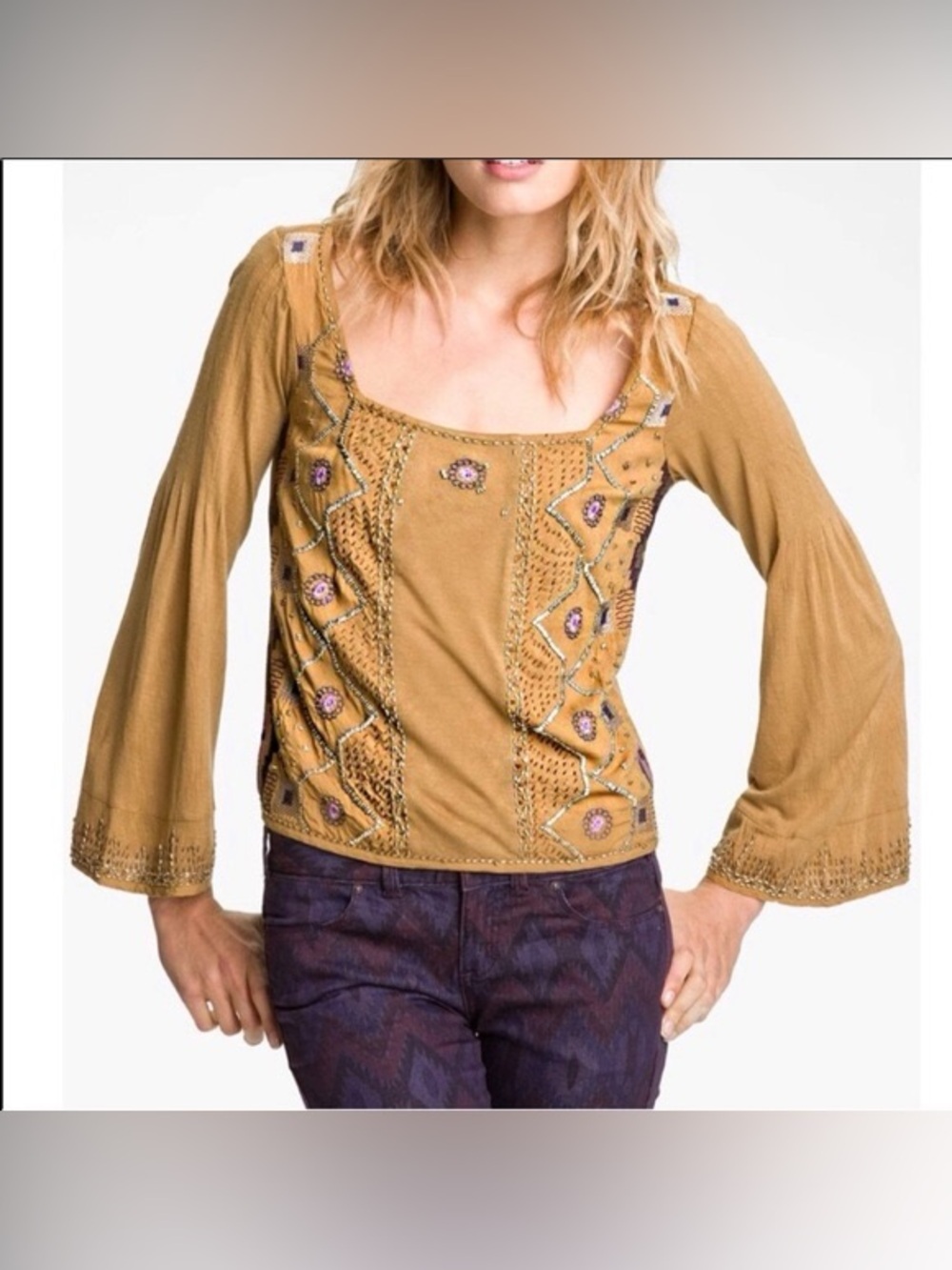 NWT Free People Mustard Embroidered Square-Neck boho embellished blouse. Small.